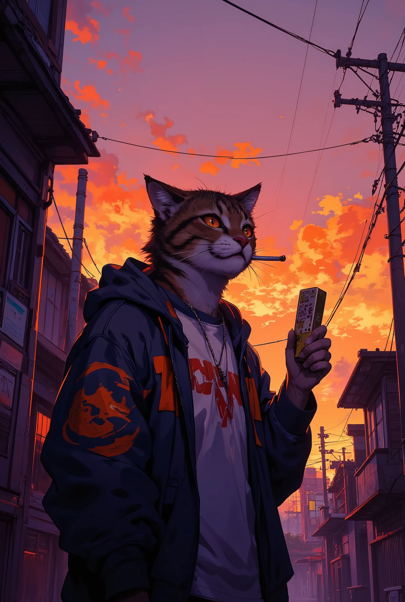POV view, cinematic illustration of a humanoid cat with a cigarette in its mouth, not lit, standing casually in a quiet back alley during sunset, the cat is holding out a slightly crumpled cigarette pack and a scratched metal lighter toward the viewer with a laid-back expression, wearing a loose shirt and unzipped hoodie, background filled with orange-pink sky, dimly glowing streetlights, and power lines silhouetted against the dusk, subtle haze and warm lighting, semi-realistic anime style, high detail, whimsical atmosphere, best quality