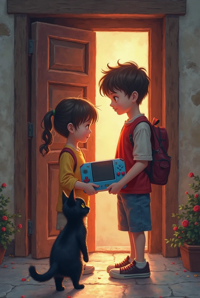 2 girls, one have long brown hair wearing blue shirt and jeans, other one have short black hair wearing white hoodie and black jean. both wearing black sneakers and carrying light brown backpack. Holding med kit, sitting down. Inside a cave. 2D semi realistic art style.