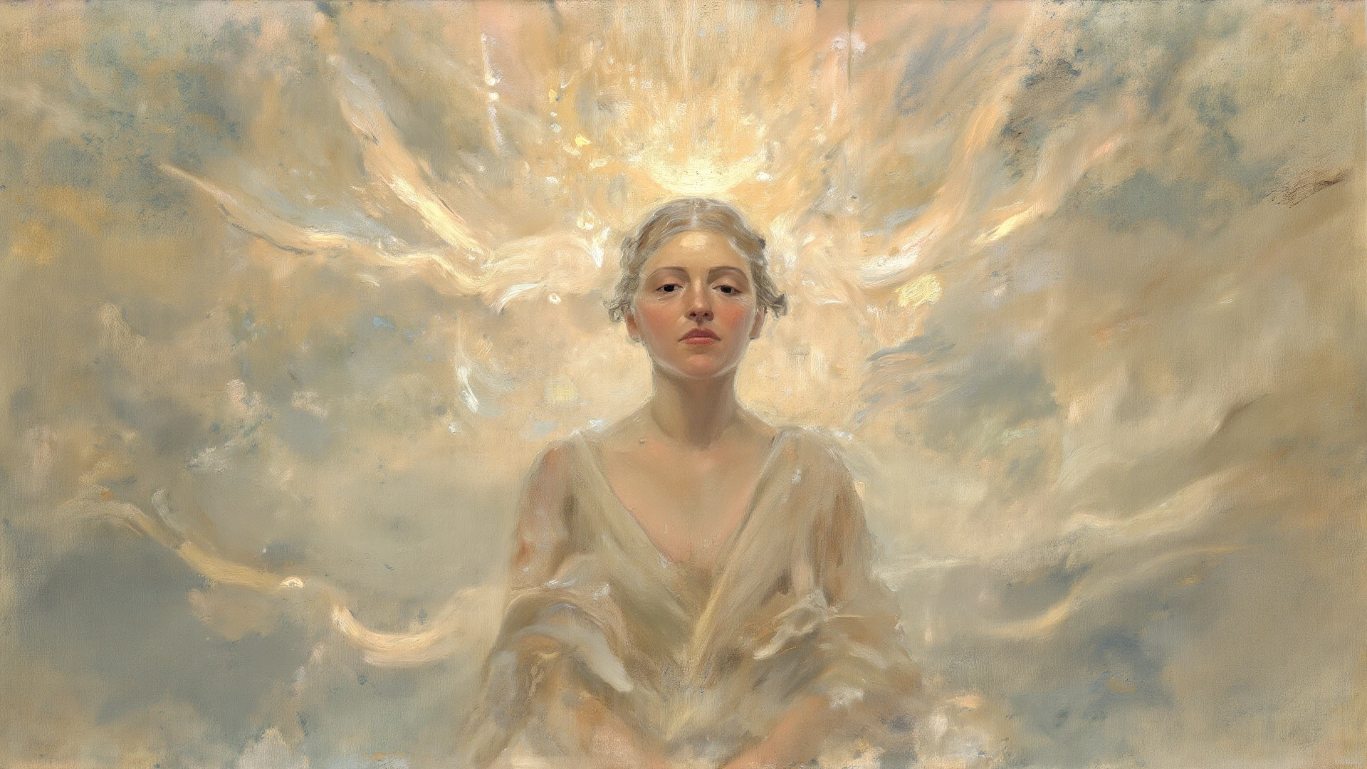 Celestial background with a slight glow in the center, surrounded by cream clouds, all in the style of Renaissance painting
