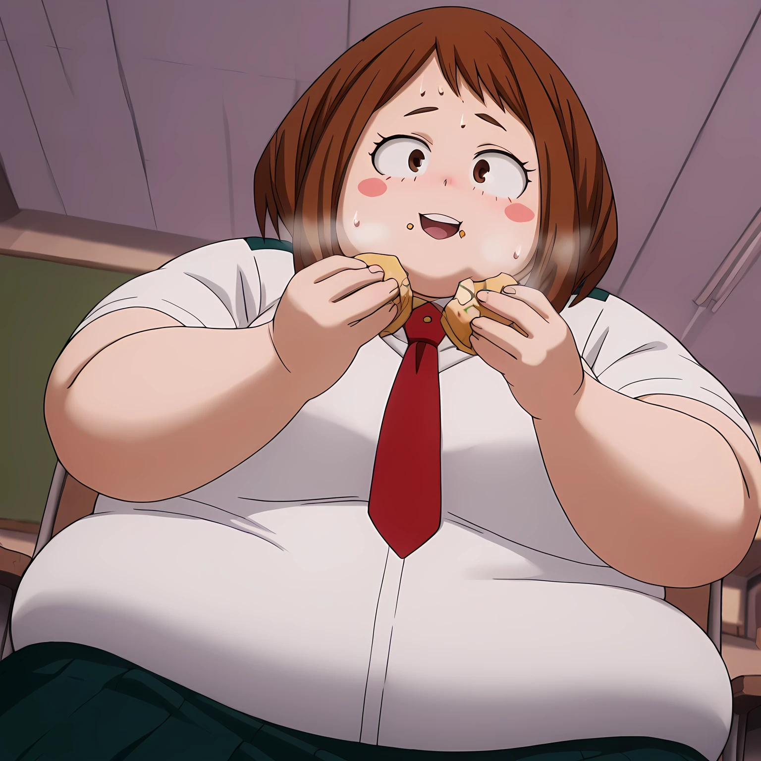anime coloring, anime screencap, masterpiece
1girl, solo, chako uraraka, brown eyes, brown hair, short hair, blush, blush stickers, smiling, skirt, shirt, school uniform, white shirt, short sleeves, pleated skirt, necktie, collared shirt, red necktie, u.a. school uniform,
indoors, classroom,
looking at viewer, cowboy shot, dutch angle, eating food, sitting,, bulging belly, fat, chubby, obese, open mouth, out of breath, absurdres, highres icon, rating:General, confused, blush, {flustered}, nervous sweating, portrait, pov hands, averting eyes, [looking away], straight-on, from below, swollen face, masterpiece, best quality, ultra-detailed, high resolution, 8K, 