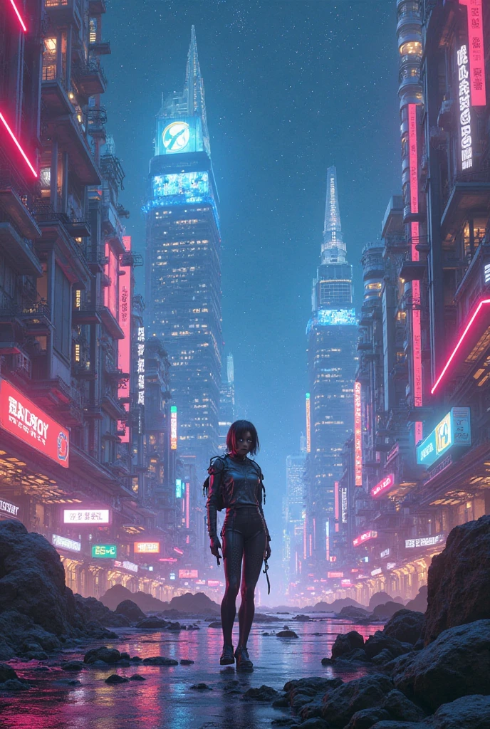 (Wide angle view). Blade Runner style futuristic city, simple outlined transparent neon tall buildings, glowing giant clock tower, flying cars, helicopter, lightning, 3D rendering Beeple. At night, (1girl, solo, alone), photorealistic, medium-breast slim:0.6 body, oval:0.6 face, cleavage:1.1, sexy black laced bra, glove, deep-V, (very low angle view of miniskirt), white laced panty, coat, (Matrix style black micro sunglasses), ((aiming viewer with a short gun)), (running pose), (half-body thigh level close-up shot), cinematic lighting, ray tracing.