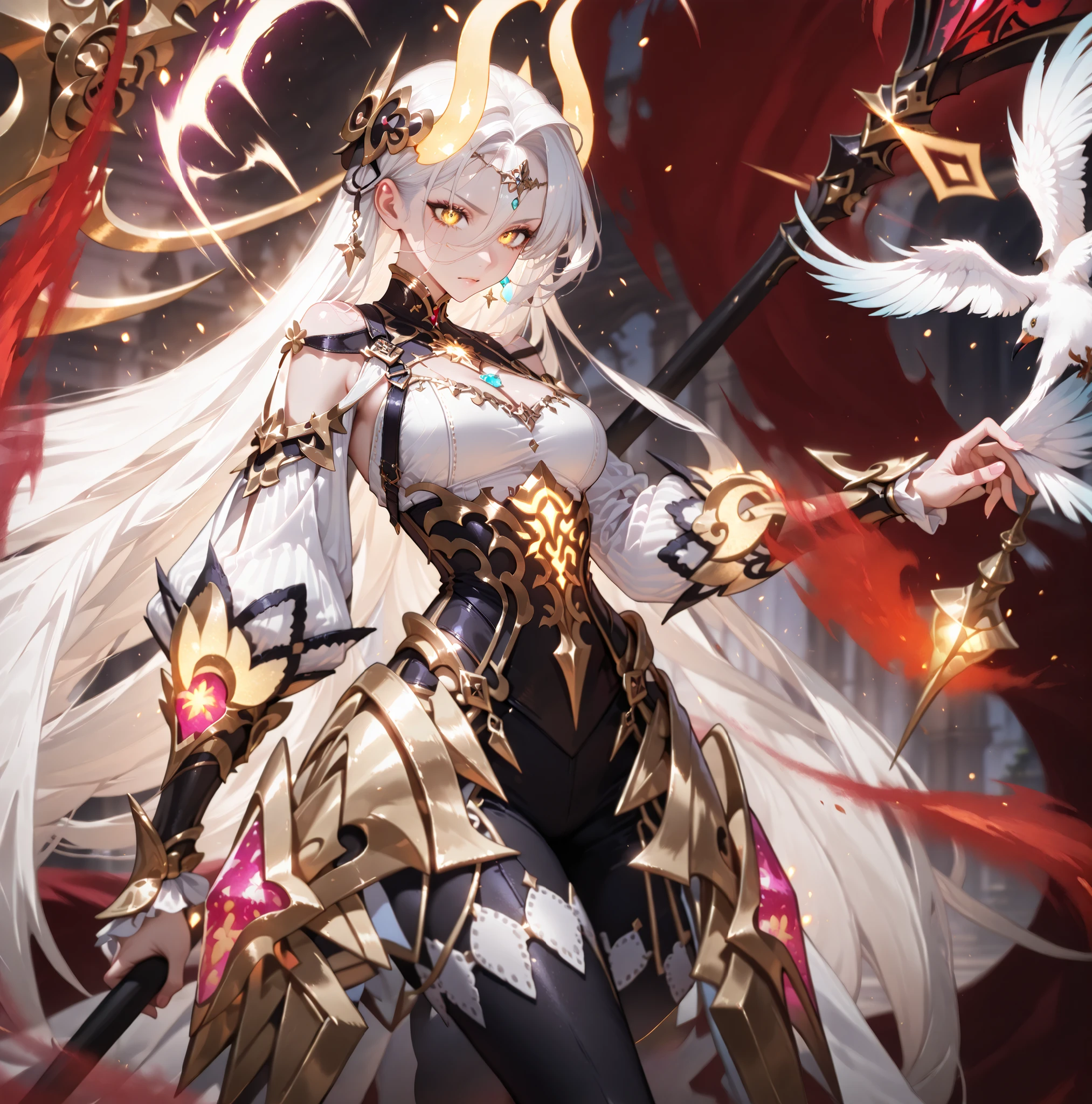 ((master part, extremely high quality)), Rosto detalhado, CharacterDesignSheet, corpo inteiroesbian, cheio de detalhes, multiples poses and expressions, altamente detalhado, profundidade, many pieces,dama do fogo, phoenix,branco e preto,Holds a golden bow,rabo de cavalo duplo,estilo fantasia,Cercado por chamas,extremamente bonito,high balance, luz natural, renda,rendapantyHose