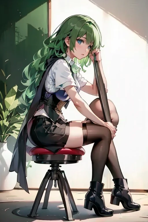 Mitsuri kanroji,sitting on desk, sitting on desk,fullbody,crossed legs, large breasts,hold leash in hand, looking at viewer,mockng view,high res,high quality, masterpiece ,black tight black skirt, white shirt, black jacket,black heels, black stockings , classroom,sfw,hold keash in hand, cold look, dominating look,look from below, acting like mistress