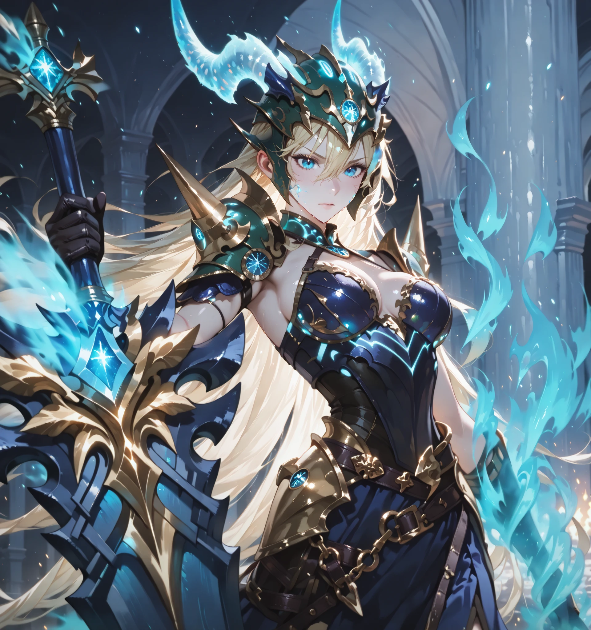 (SuperQuality:1.0) ~ (SuperQuality:1.2), detailxl, 1girl, High Resolution, Best Quality, High Details, Super Detailed, detailed background, blonde, blue eyes, dragon helmet, sword, armor, glowing, aura,