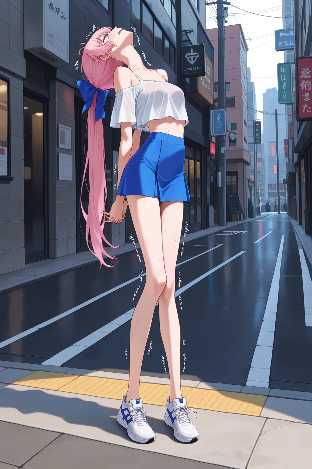 (masterpiece, high quality), 1girl, 18yo, colorful top, small breast, mini skirt, upskirt, colorful panties, long hair, (low angle), wide angle, view from below, closeup, from behind, walk the city stret, blue skies, power lines, vibrant colors, bright, white, watercolor