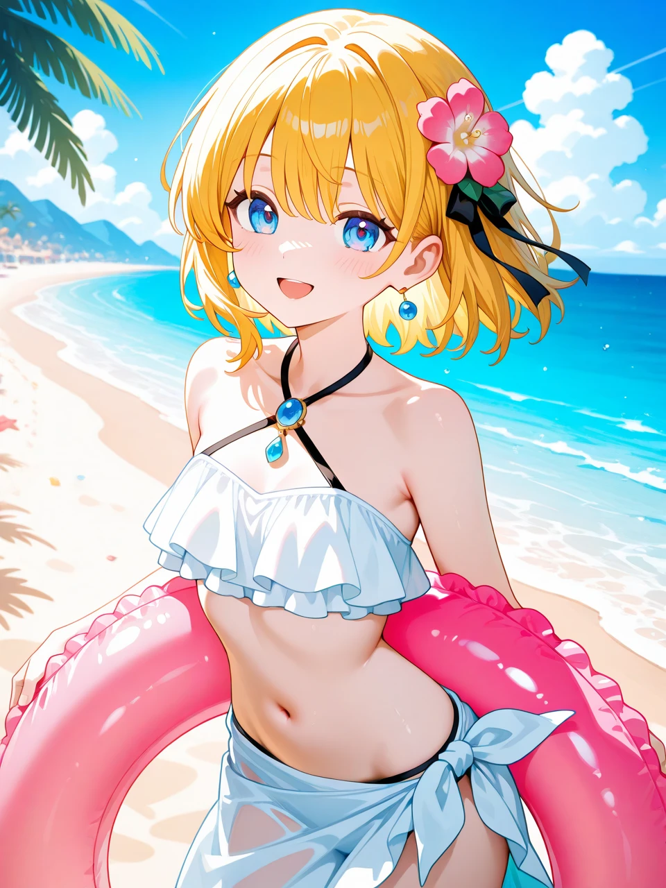 (((Best quality, 8k, Masterpiece: 1.3)), ((best quality)), ((masterpiece)), (detailed), Girl,Blonde,ponytail,Red ribbon,Golden Eyes,Orange Bikini,Ocean,sun,Bring your face closer to the screen,Zoom in