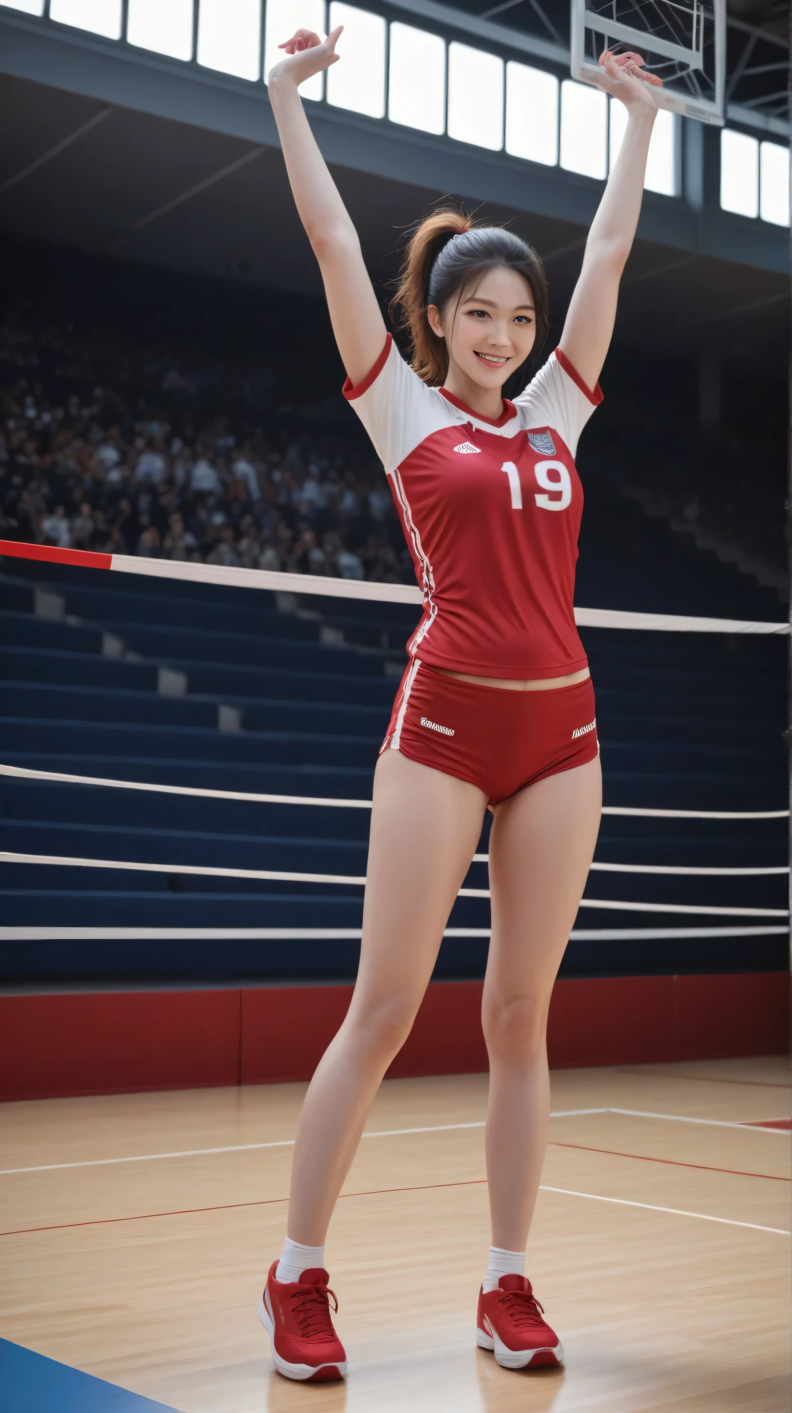 A beautiful korean female volleyball player on an indoor court, wearing a sporty outfit with a covered midsection (e.g., a full-length jersey or tucked-in top). She has long, tied-up hair, kneepads, and vibrant red sneakers. The setting is a large indoor stadium filled with spectators. Her pose or action is natural and dynamic—she could be stretching, preparing to serve, smiling confidently, or interacting with teammates. The style is photorealistic, bright lighting, clean and energetic sports atmosphere.hyperrealistic photograpy