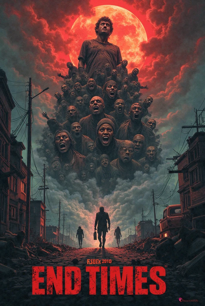 Group of people fleeing on a highway full of vehicles, people are followed by a horde of zombies that have red skin
