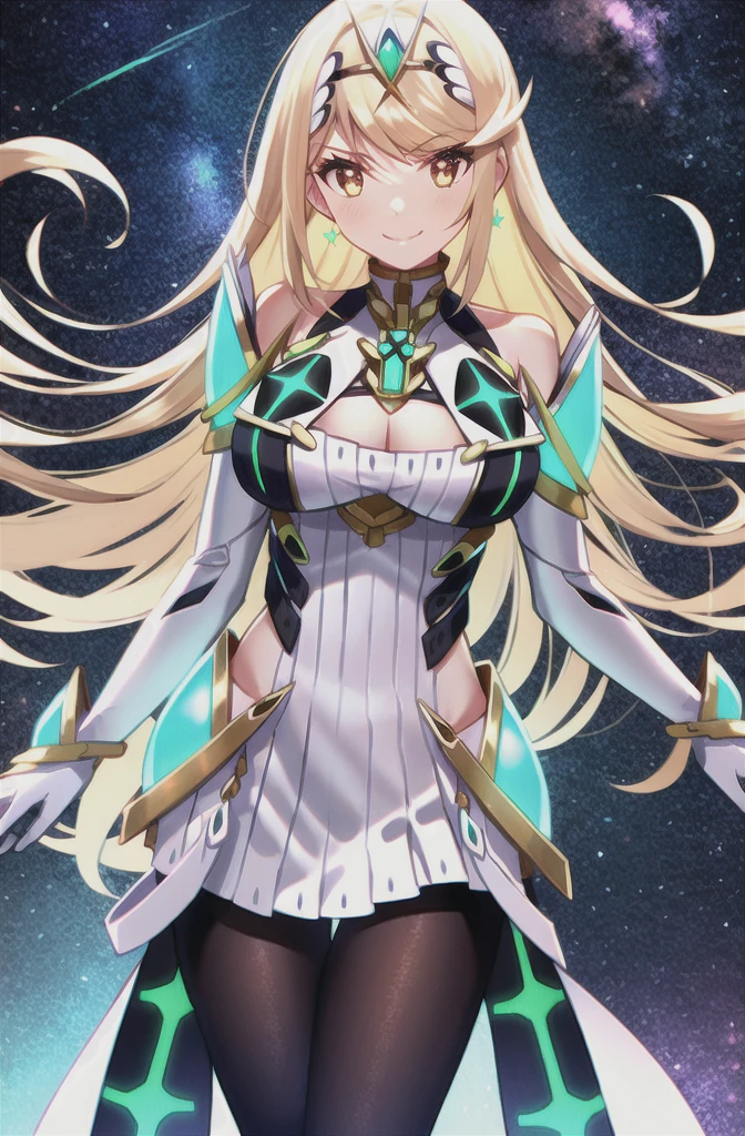 mythra \(xenoblade\), 1girl, armor, bangs, bare shoulders, blonde hair, breasts, cleavage, closed mouth, dress, earrings, elbow gloves, eyelashes, floating hair, gem, gloves, hair ornament, hairband, headpiece, jewelry, large breasts, leaning back, long hair, neon trim, official art, pose, saitou masatsugu, sidelocks, skin tight, smile, solo, standing, swept bangs, tiara, space background, very long hair, white dress, xenoblade chronicles \(series\), (xenoblade chronicles 2),

<lora:mythra_pyra_pneuma:0.6>