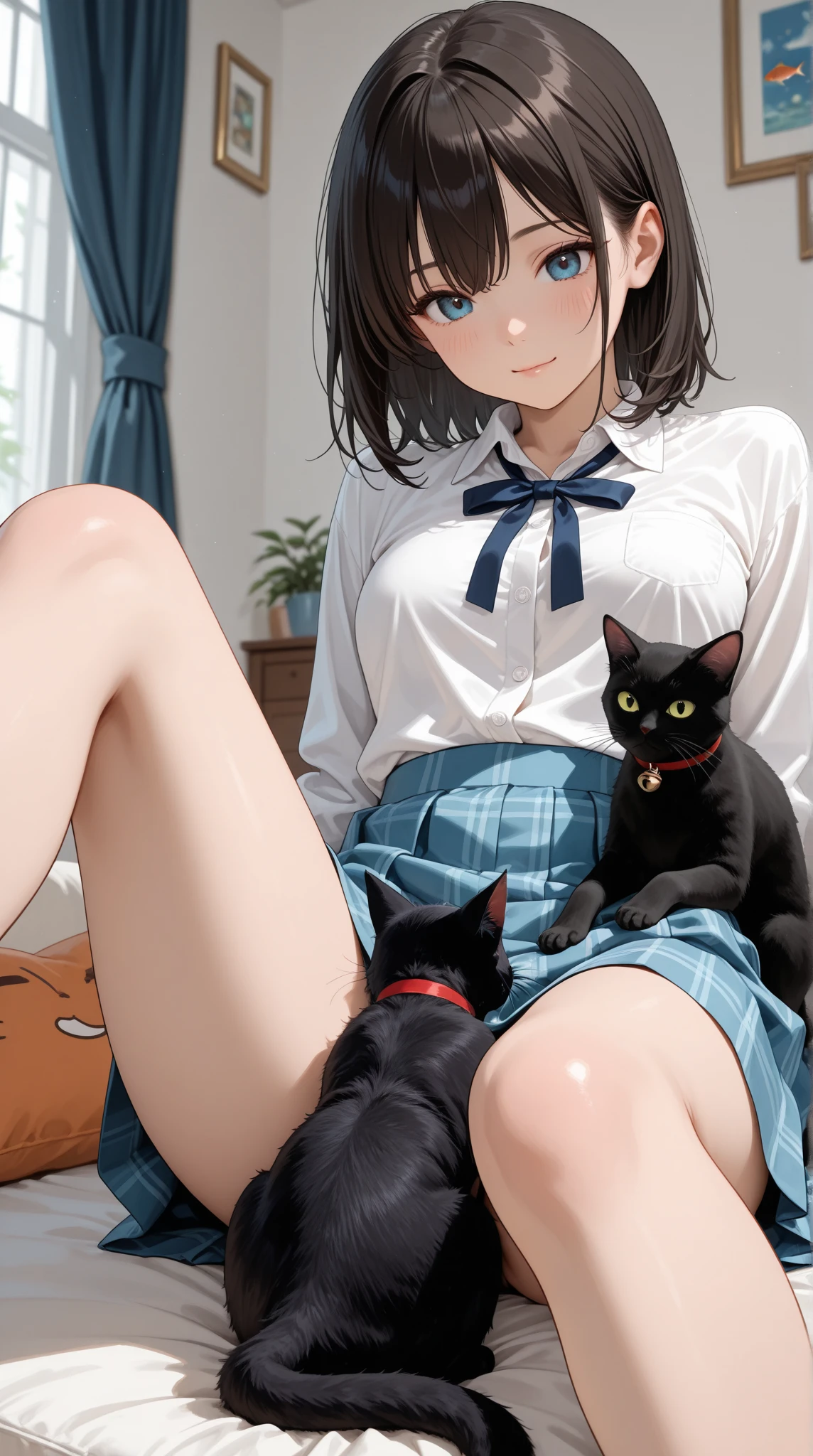 girl with short bob hair,Red eyes ,A shining heaven,in heaven,Sitting,Petting a black cat
