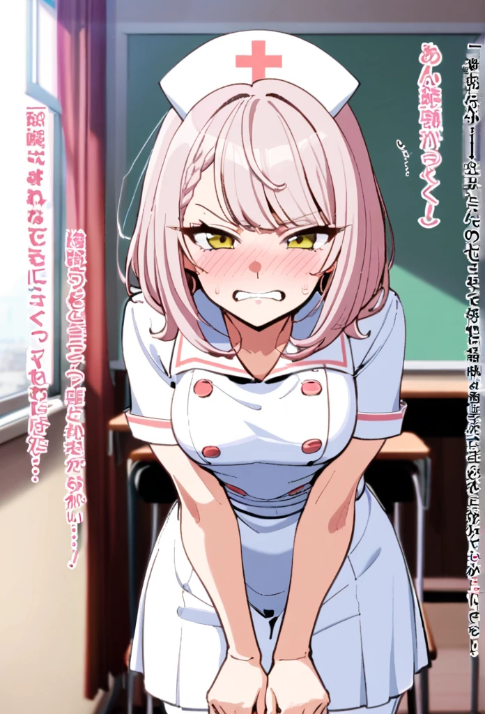 score_9, score_8_superior, score_7_superior, sauce_anime,
ichikanakano, Nakano Ichika, short hair, bangs, blue eyes, Hair between the eyes, Pink Hair, Pixie Cut,
skirt, shirt, , white shirt, Short sleeve, pleated skirt, collared shirt, sweater, green skirt, Waist clothes,
indoor, classroom, Embarrassed,Tied up with rope,Lying down,Watching the audience,superior半身