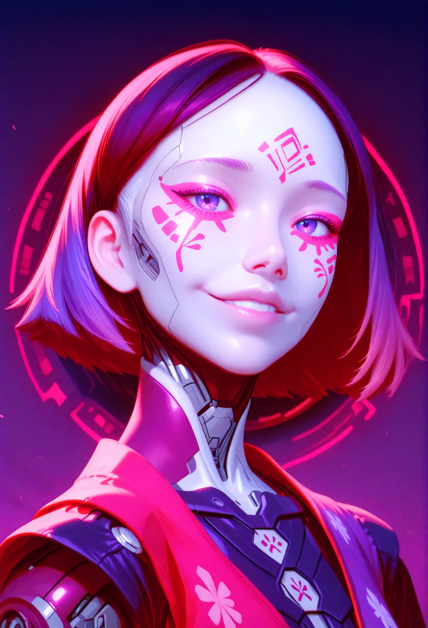DOPE CYBERPUNK ANIME JAPAN ANDROID GIRL FEMALE V ON THE WHITE face warpaint, FULL OF DETAILS, coisty smile, CHARISMATIC, INTELIGENT RED PINK PURPLE, REBEL, work of art, best qualityer, 8k, extremely detaild,anime styling