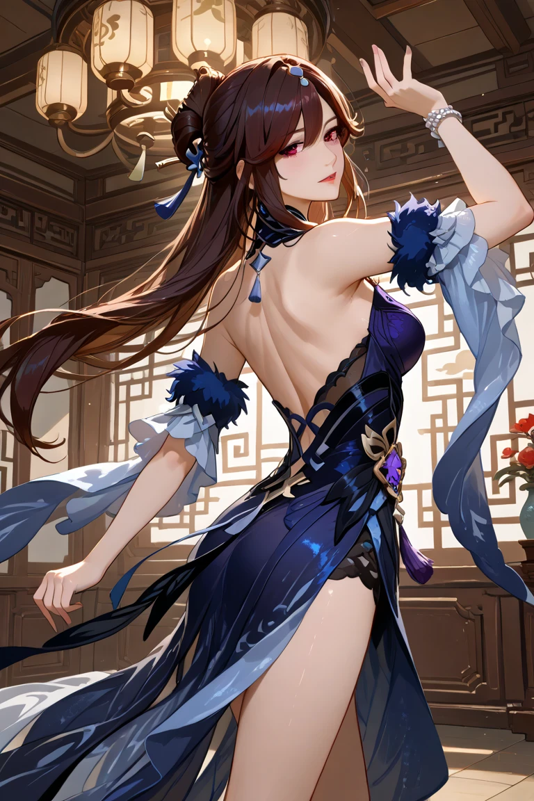 Lazy kneeling on soft sofa, black silk stockings, wife's hairstyle, mature woman, long hair with one-sided twisted braids, blue-tailed butterfly cheongsam, delicate earrings, bright starlight, flushed face, back photo