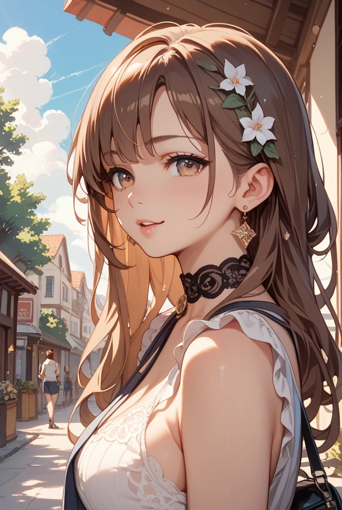 22 years old, (milf:0.8), (solo:1.5), (sfw:1.25), cute breast, beautiful breasts, medium tits, thin waist, big ass:1.0, Raised sexy, (dark mahogany medium short hair, updo, hair band, red eyes, light smile, big , Revimpling fabric, earrings, Hand gloves, detailed face,(smoking:1.3),brunette hair,detailed and beautiful eyes,beautiful detailed lips,Rolling her eyes,manner,hair over one eye, asymmetric hair, Carly hair, low tied braids), (ultra high resolution, 8K RAW photo, photo realistics, thin outline:1.3, clear focus), best qualtiy, natural lighting, textile shading, blurry back ground, field depth, (Bright pupils, fine detailed beautiful eyes with highlight:1.3, high detailed face), Red lip, fine realistic skins:1.1, looking down viewers:1.3, (dynamic angle:1.3, front view:1.1, breast focus:1.3, from below:1.2), (dynamic posing:1.5, sexy posing:1.2),Youghal, side lock, hair ornaments, hair band,nice,garden background,artistic rendering,Super detailed,(highest quality,4k,8K,High resolution,masterpiece:1.2),Bright colors,studio lighting