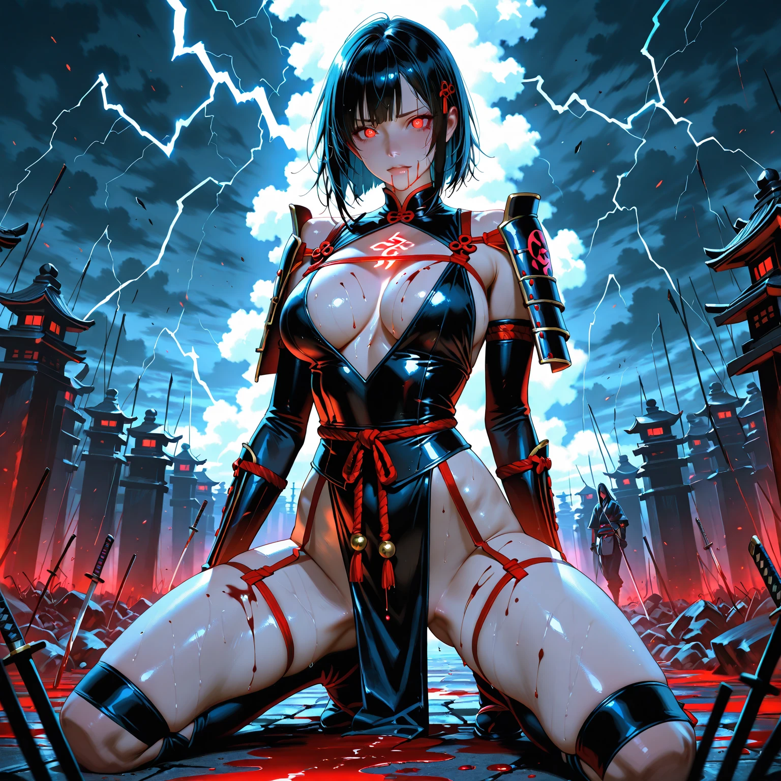 1girl, (solo), short bob hair with bangs, black hair, breasts, small size, yellow eyes, tanned skin, (knight), chainmail, black plate armor, full body, covered in blood, kneeling, sad, tired, exhausted, (night), red moon, moonlight, clouds, death forest, forest behind, (very sexy body, detailed face, masterpiece, highly detailed, 8k, best quality, vibrant colors, digital art, concept art)