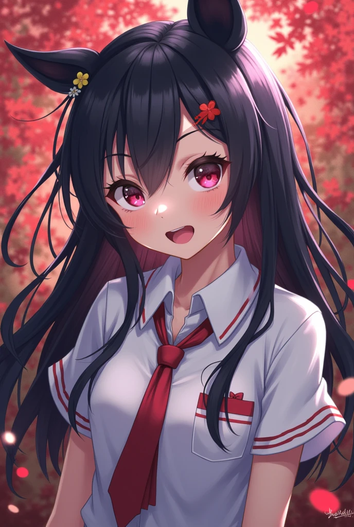 masterpiece, best quality, movie still, 1girl, short black hair girl, black eye, sharp eye, wearing black sailor uniform with red bow, floating in the sky, close-up, bright, happy, warm soft lighting, sunset, (sparks:0.7)