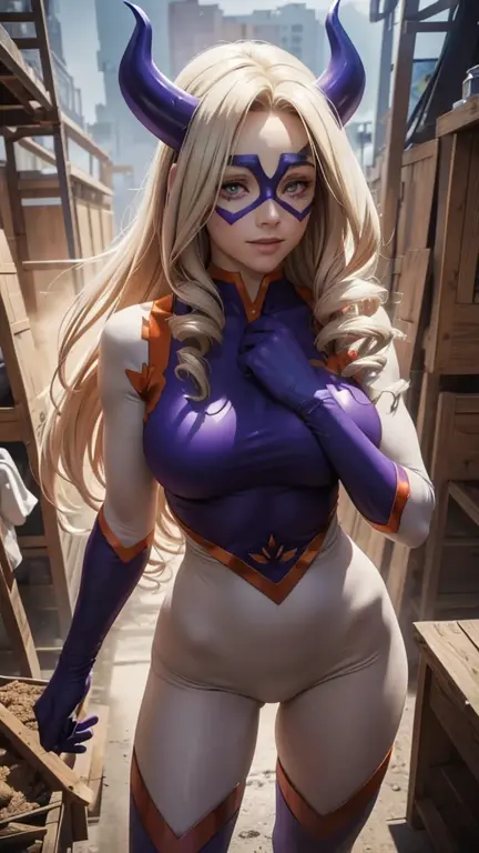 hyper realistic, perfect anatomy, ((cowboy shot)), 1girl, beautiful face, perfect, white skin, standing, modeling, looking at viewer, on the city, mount lady, purple eyes, blonde hair, long hair, purple horns, domino mask, bodysuit, skin tight, superhero, gloves, smile, SFW, mount lady [my hero academia]