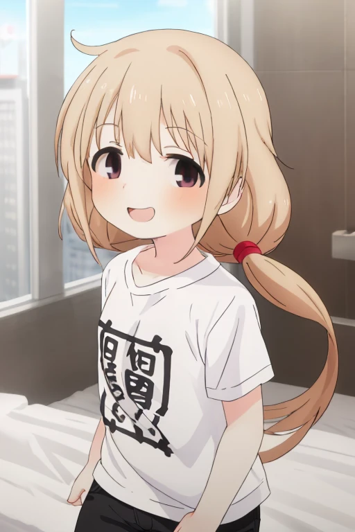 masterpiece, best quality, absurdres, ultra detail,<lora:GoodHands-vanilla:0.8> <lora:anmnr01:0.3> <lora:add_detail:0.5>, 1girl,petite, <lora:anzu-idolmaster:0.7>,hutaba anzu,loose ink letters printed t-shirt,sofa,dull pose