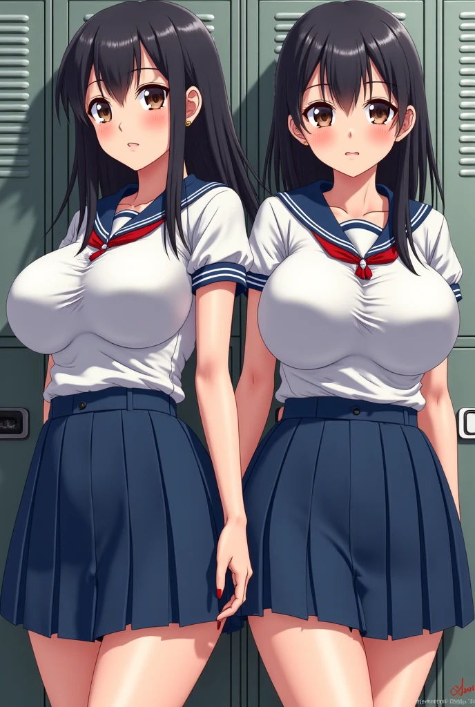 by 2 person, Two Girls, Onodera Kosaki, Avatar,Cyberspace, Nipples, Sailor suit,smile, View your viewers, sketch, got it,Pleated skirt, 2D, Anime Coloring,, Jagged lines,Nipples,naked,naked,