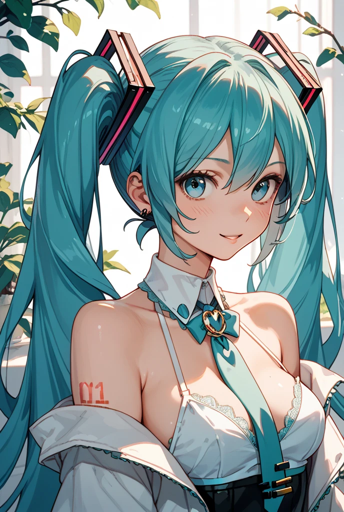 The first perspective lies on Hatsune Miku's lap,ssmile,Beautiful breasts