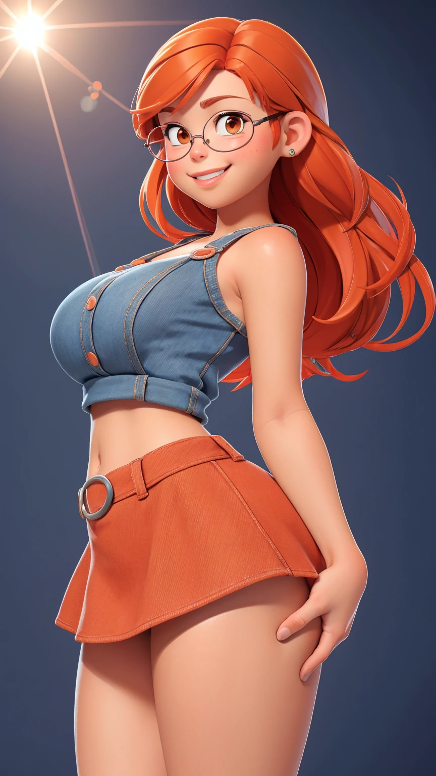 A red-haired girl wearing a short shirt showing her belly and wearing tight jeans