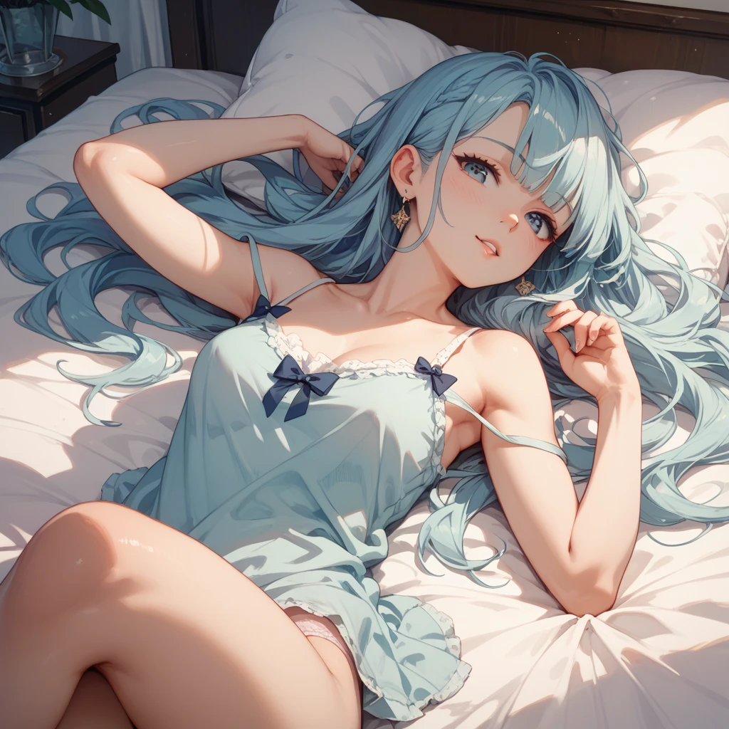 masterpiece:1.2, highres, highest quality, 16k, ultra-realistic, photorealistic:1.37, beautifuldetailed, beautiful anime girl lying on bed, long detailed hair, detailed anime eyes, detailed anime lips, detailed anime face, intricate anime character, elegant anime female, beautiful anime artwork, highly detailed anime art, captivating anime girl, stunning anime art, exquisitely detailed art gem, alluring anime tee