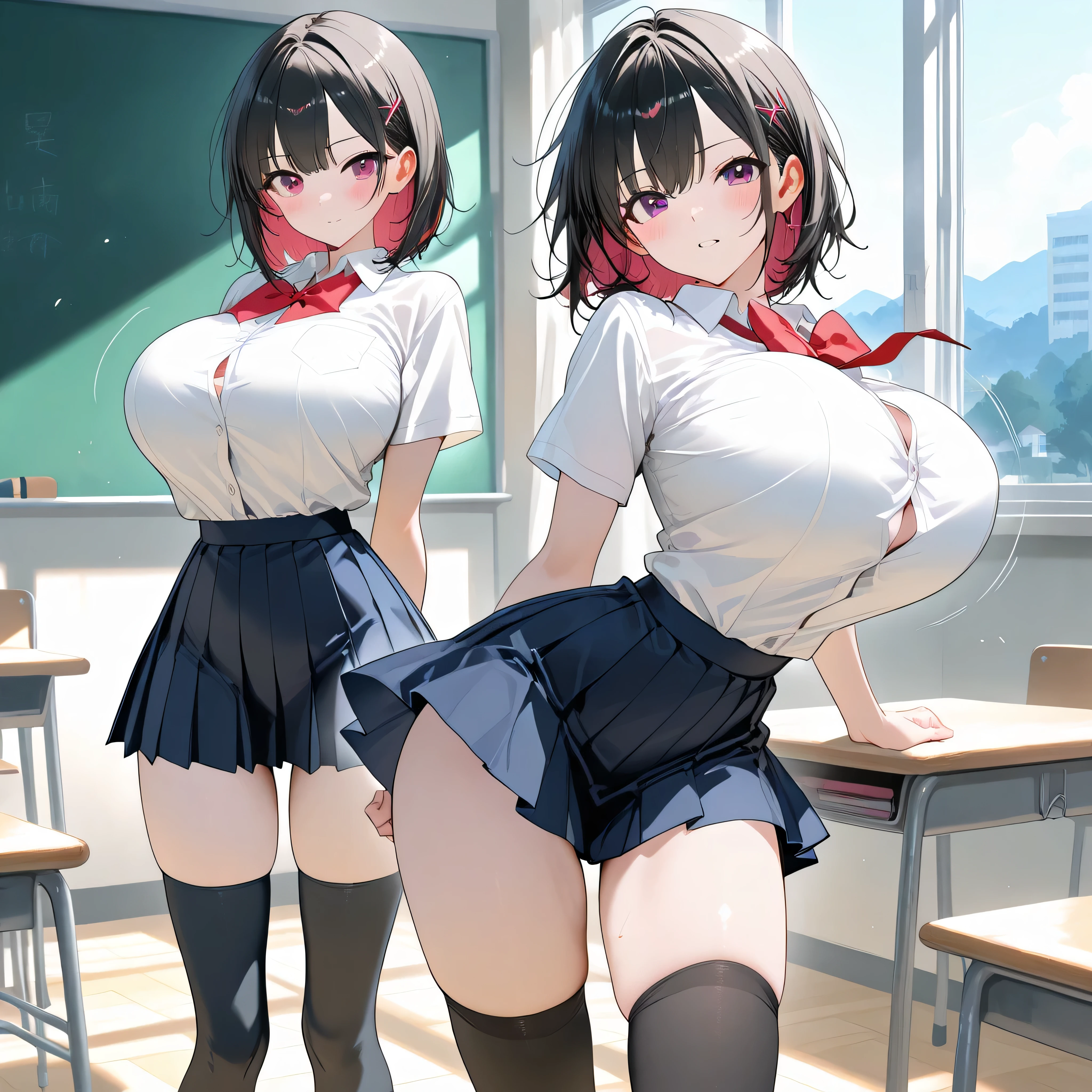 Super Resolution、
(Lively:1.3)、
(One slim girl)、Stylish girl、Huge boobs:1.5、((Boobs exposed:1.5))、((exposed:1.5))、Short Hair、Nipples are visible、Open-chested clothing Shiny lip gloss、The bra is see-through:1.5. Thick thighs、Knee-high socks、Earrings、White clothes、(White panties)
Mini tight skirt、
 Exquisite beauty、Beautiful Face, (Pitch Resuit), In the classroom、Embarrassed face
