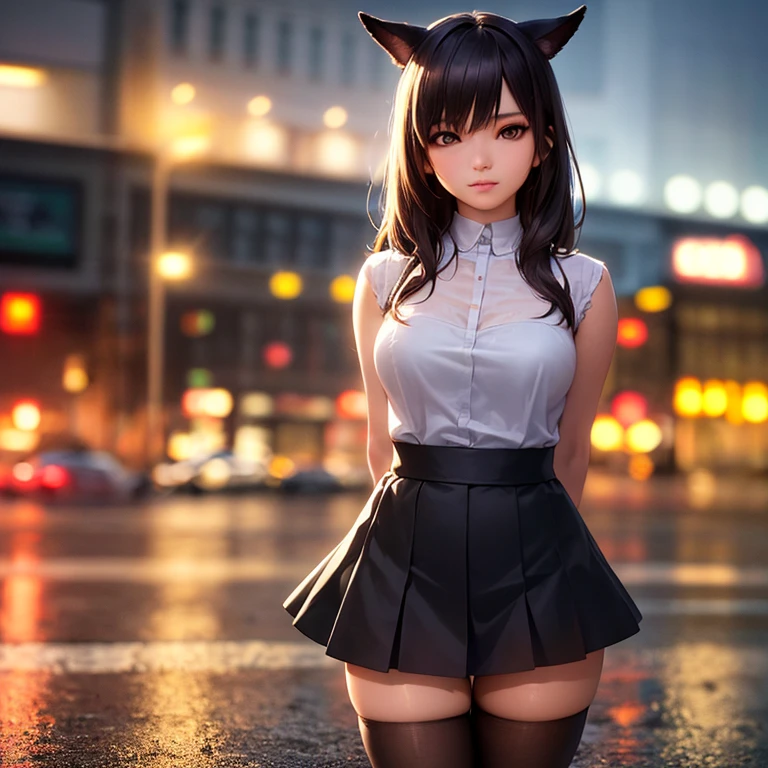 (8k, RAW photos, best qualtiy, tmasterpiece: 1.4), hyper HD, (Realiy, realisticlying: 1.48), Omertosa, 1 rapariga, (K-pop idol), (Aegyo: 1), adolable, (Ultra bokeh night downtown:1.25), bokeh, during night, Traffic Lights, road signs, after rainny, soggy, profesional lighting, Detailed lighting, photon maping, Radio City, physically-based renderingt, Flowers in black pantyhose , The light from the back window is backlighted, depth of fields, natural soft light, hard focus,filmgrain,1 meter shooting distance,professional photoshooting,photographed with a Sony a9 II Mirrorless Camera,detailedeyes,photorealistic eye,detailed shadow,audience looking,dog ears,detailed lighting,a skirt,a black skirt,kneesocks,Black thigh high socks,(Detail hair,photo-realistic hair,realistic illumination,realistic shaded,realistic dress),Realistic skin(Gun on the waist:1),Realistic light reflection from above, ((Behind the arm)), (Hand Back), tube top, Raised sexy,exposing her chest
