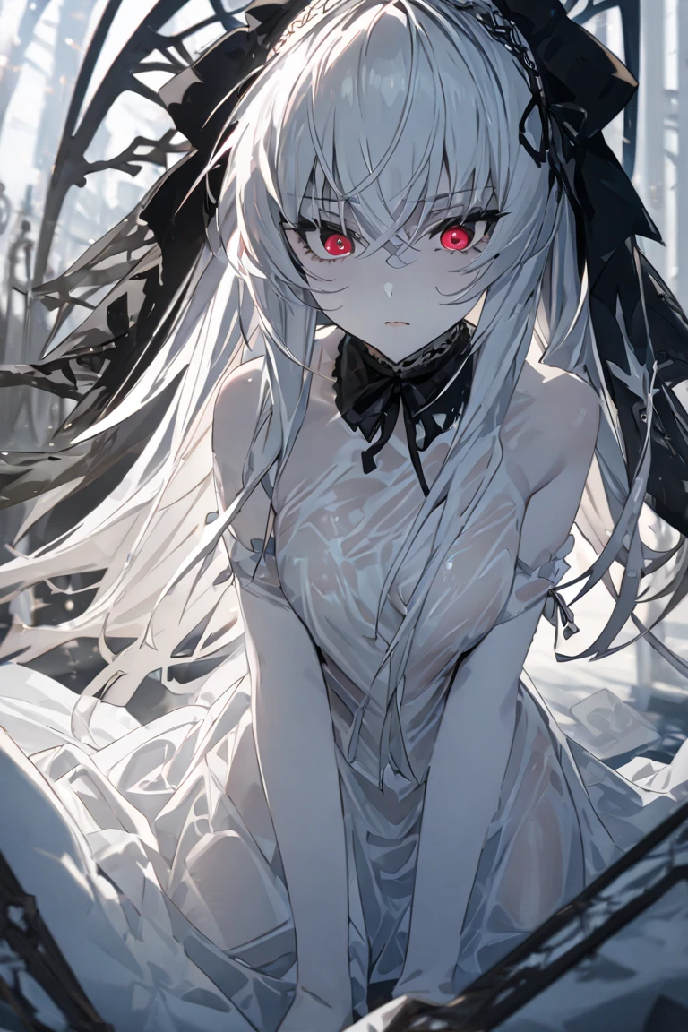 ((Best masterpiece, Perfect quality, Ultra detailed)), A skinny girl, With small bust, With white hair, Is parasitic, Wearing black bikinis with ribbon, Injured body, Bloody wounds, Mutated limbs, Parasites, Grotesque, Full body
