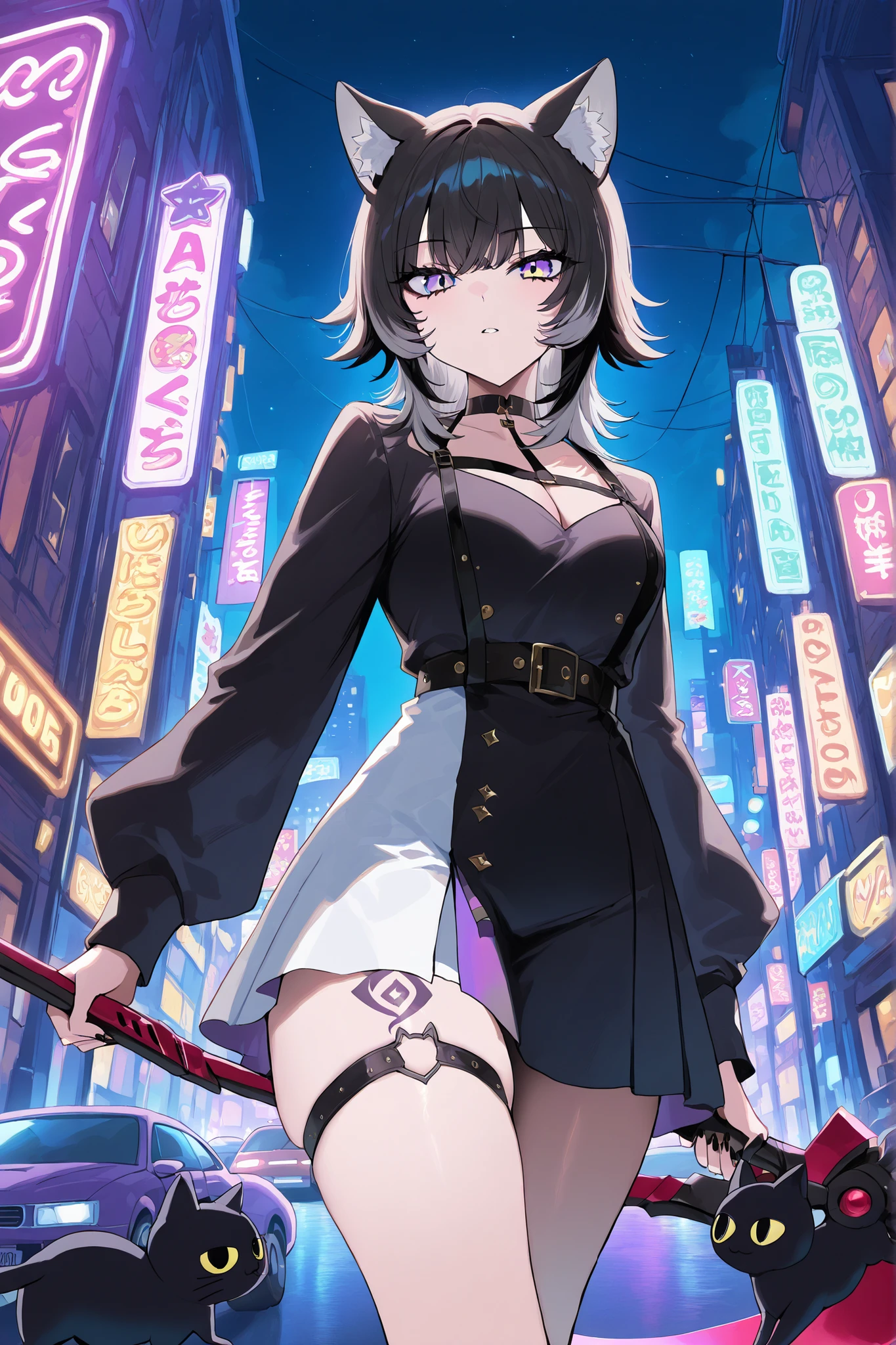 ((From front)), thigh up, Neko Female, ((wolf cut black hair, Black cat ears))) , long Wolf Cut black hair, (yellow and purple Ombre eyes), Black and white dress like Yor, wearing Chocker, wielding Scythe, Street background, Neon Lights, Cars and motorbikes in background, focus on character, looking at viewer art, night.((tattoo on thigh))