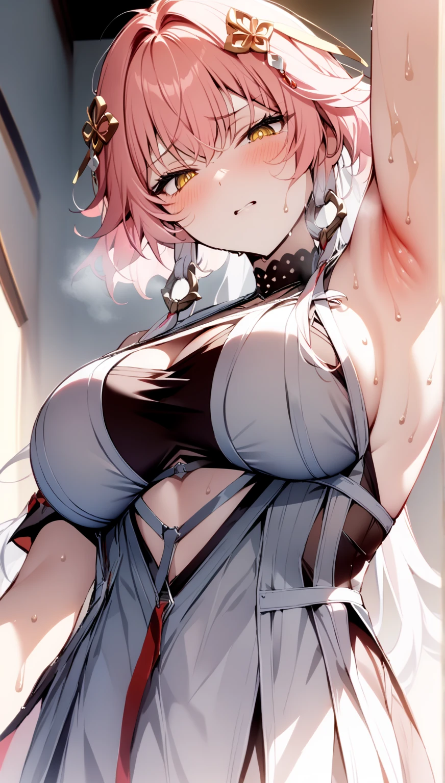 masterpiece, best quality, 1girl, solo, adult, pink hair, ponytail, short hair, purple eyes, choker, whute shrug, black corset, skirt, large breasts, gloves, choker, solid eyes, from below, v arms