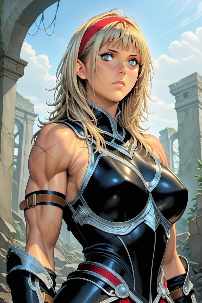  (((1girl))) (((Solo focus)))  high quality, high detail, sassy, loving, fantasy, HDR, medieval, cartoon,  (((Blonde.))) (((Looks like FBB adult star Megan Avalon.))) very aesthetic, masterpiece, best quality, light smile, lens flare, sunset, anime coloring, small push up cleavage, western style artwork, BREAK This is a full color, vibrant artwork.  In this artwork, the fierce female warrior stands tall with her muscles rippling and a dangerous glint in her eye. Her large chest is accentuated by a tight leather harness that barely contains her ample assets. She has the body of an FBB.  She looks like a sexy female bodybuilder as a fantasy character.  Great body.  Sexy and erotic tattoos.  She looks like an exciting and thrilling muscular fantasy character.  She likes to show off.  Arrogant.  Smug. Dungeons & Dragons character portrait, intricate details, ultra detailed, ultra detailed clothes, ultra epic masterpiece, ultra detailed, intricate details, award winning, fantasy art concept masterpiece, trending on Artstation, digital art, unreal engine, 8k, ultra HD, centered image masterpiece:1.2, photorealistic:1.2, girl focus, volumetric lighting, glossy skin, shiny skin, 