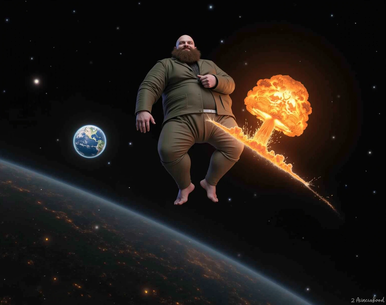 Fat man riding a meteor