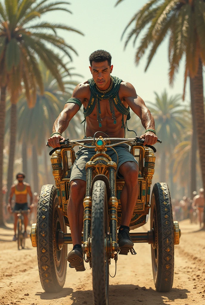 A young skinny prince white skin beautiful face handsome shirtless in a small Roman carriage with 4 horses in the desert miestras otro romano lo persigue en otro caruaje con un alcon