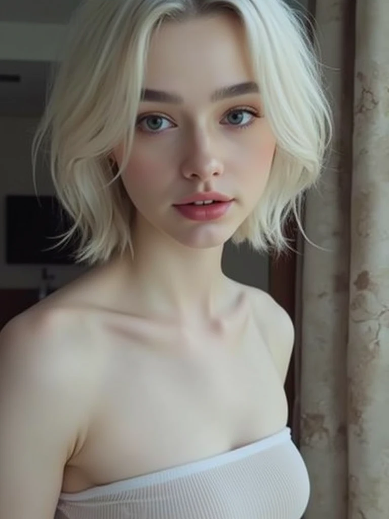 ((best quality)), photorealistic, photorealism, Photorealistic, high resolution, Beautiful, Baby Face, 20 Years Old, White Skin, pale skin, Large Breasts, looking at the camera, (Detailed face), short hair, long legs, sexy body, Nake, Nude beautiful), standing in the Miami city