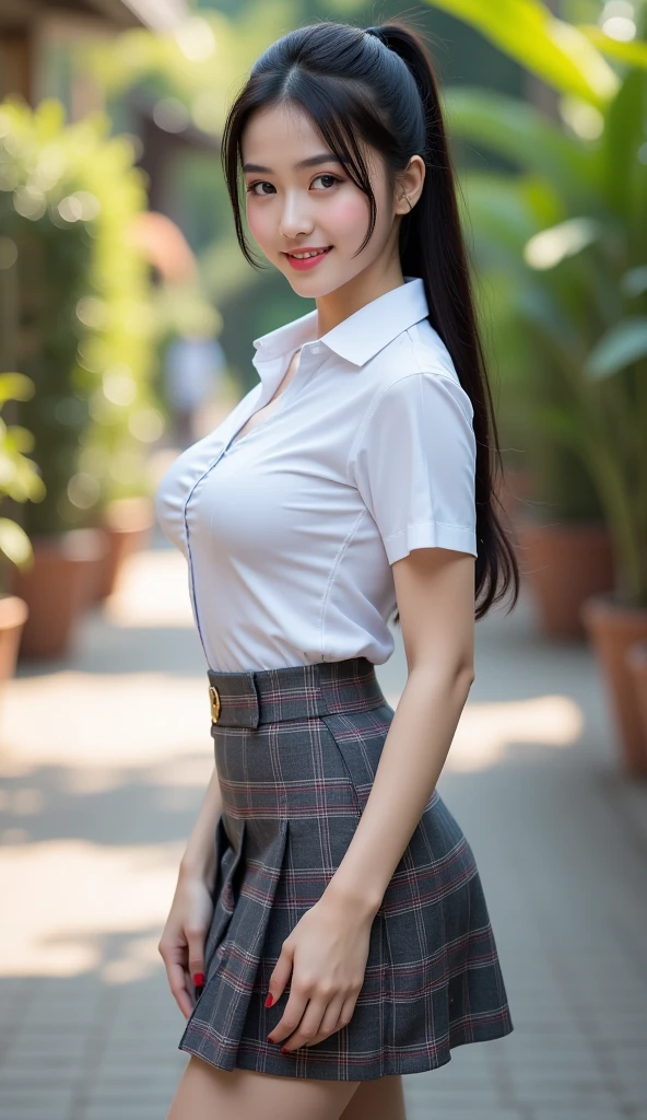 ((masterpiece)),(detailed),(perfect face),(thin),((sexy long legs)),((beautiful legs)),(slim),((boob flash)),((tits slip)),(horny smile),((very sexy emotional face)),((very long hair)),(looking at viewer),(random hairstyles),(blonde hair),(trained body),((she has autumn drama makeup)),((seductive smiling)),(top-quality),(Photo realsitic:1.4),Raw photo,((1 girl)),(((Random hair)),(((Take different poses))),glowy skin,(Happiness:1.2),(she wearing seductive Thai university uniform),((only one girl picture)),((portrait)),(close up shot),((she wear white shirt short sleeve and black slit tight skirt, black pleated skirt)),(small brown belt),((big )),(big booty),(she wearing small clear glasses)