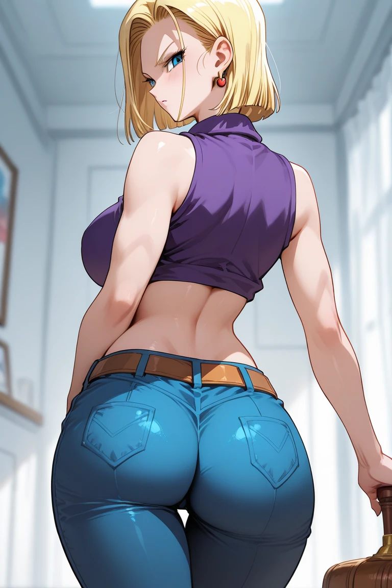Masterpiece, high resolution, Dragon ball art style, android 18, 1girl, (((bimbo))), puffy lips, painted lips, thick lips, wide hips, thick thighs, big breast, huge ass, revealing cleavage, erotic, sexy face, bubble butt, Brazilian butt lift, camel toe, looking back, blue ripped jeans, white top, ass posing,