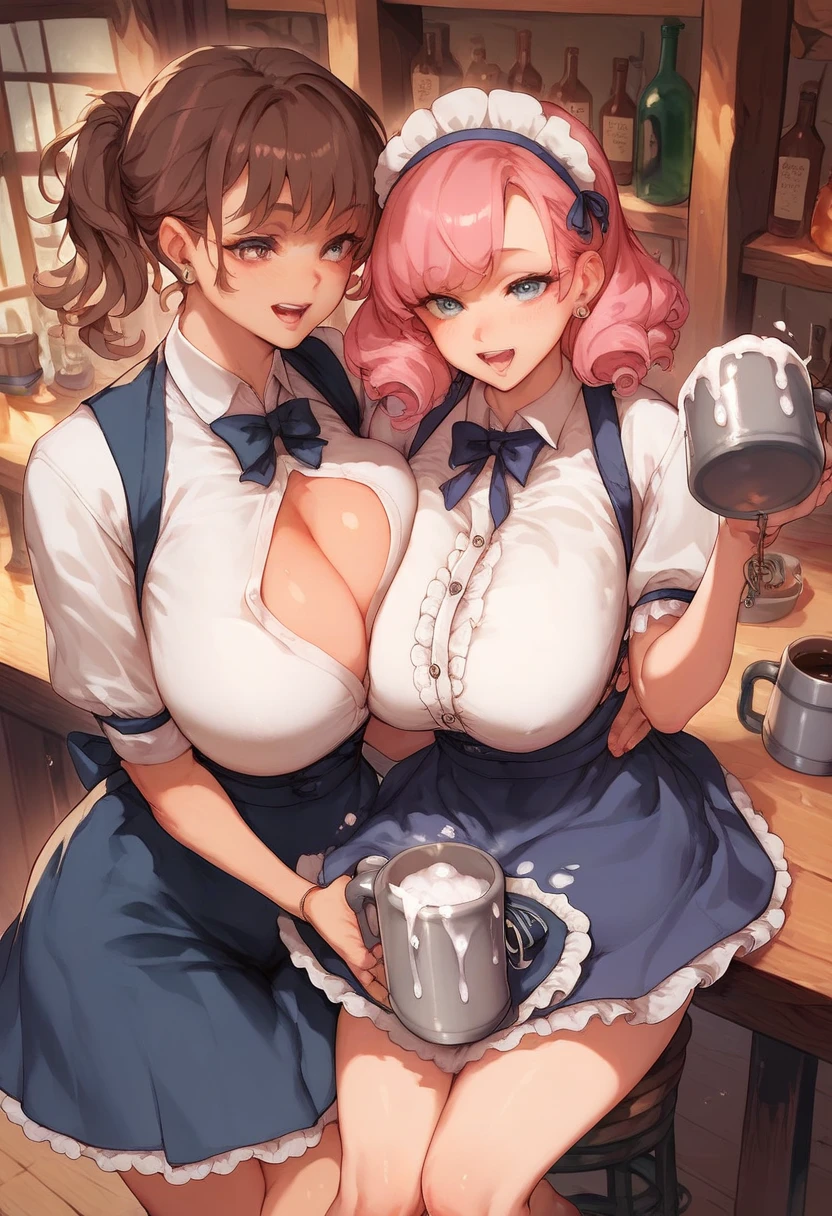 ((2 girls), solo, clevage, Big round breasts, trendy, stylish, clevage, thighs, hips, realistic, pink hair, blonde hair, light green eyes, lip gloss, detailed face, amazing big eyes, eye details, big lips, eyebrow details, blush, naughty, mischevious face, HD, good quality, kitchen, baking cookies, chocolate chip cookies, messy, apron