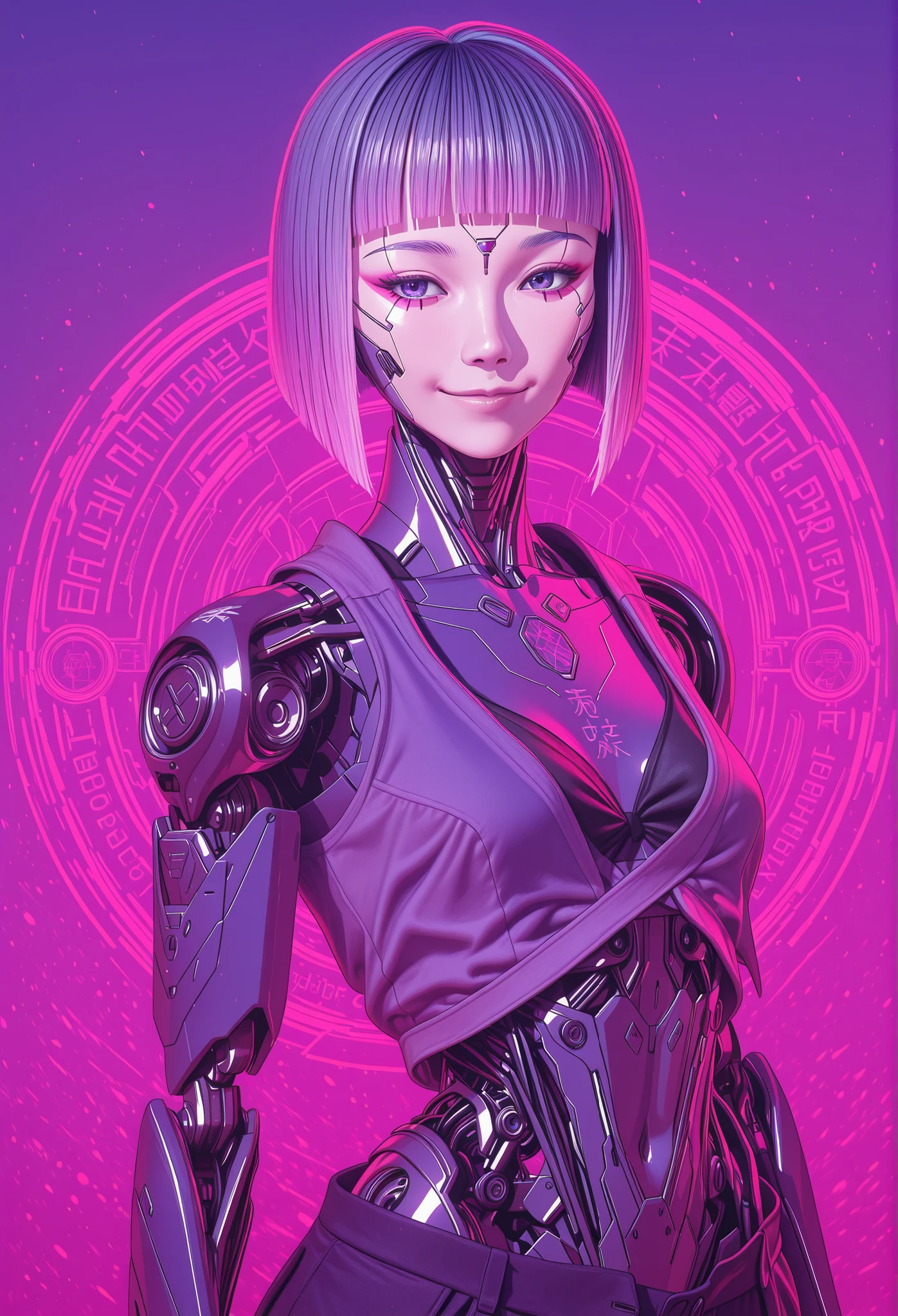 DOPE CYBERPUNK ANIME JAPAN ANDROID GIRL FEMALE V ON THE WHITE , FULL OF DETAILS, coisty smile, CHARISMATIC, INTELIGENT RED PINK PURPLE, REBEL, work of art, best qualityer, 8k, extremely detaild,anime styling