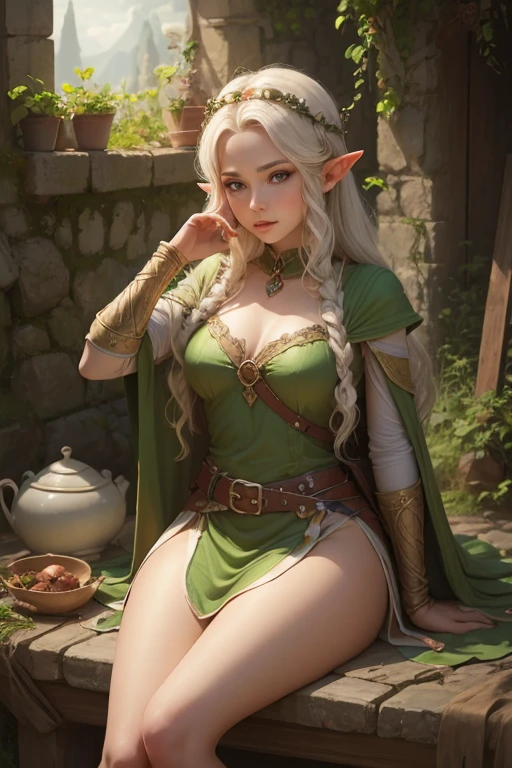 a beautiful elf girl with long pointy ears, perfect facial features, green eyes, lush red lips, pale skin, long flowing hair, sitting in a lush forest, wearing a tight revealing green elven dress, with nature elements like flowers and butterflies around her, (best quality,4k,8k,highres,masterpiece:1.2),ultra-detailed,(realistic,photorealistic,photo-realistic:1.37),highly detailed face and body, fantasy art, intricate details, cinematic lighting, warm color tones