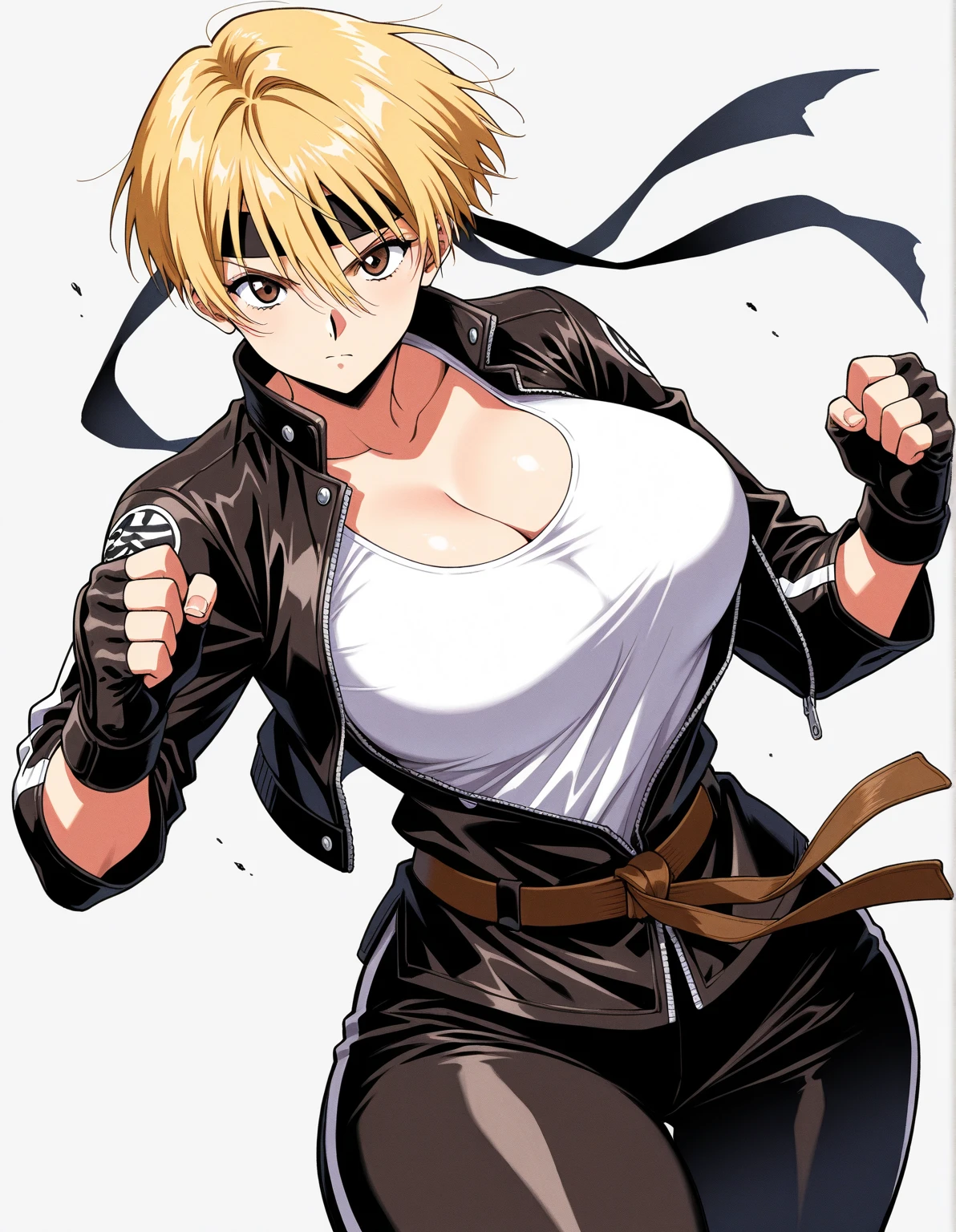 ((high quality)), ((highest quality)), (masterpiece), delinquent girl, tough appearance, sharp eyes, golden eyes, short hairstyle, dirty blonde hair color, (angry face), rough face, big breasts, black leather jacket, white shirt, alley, curvy body, mature face