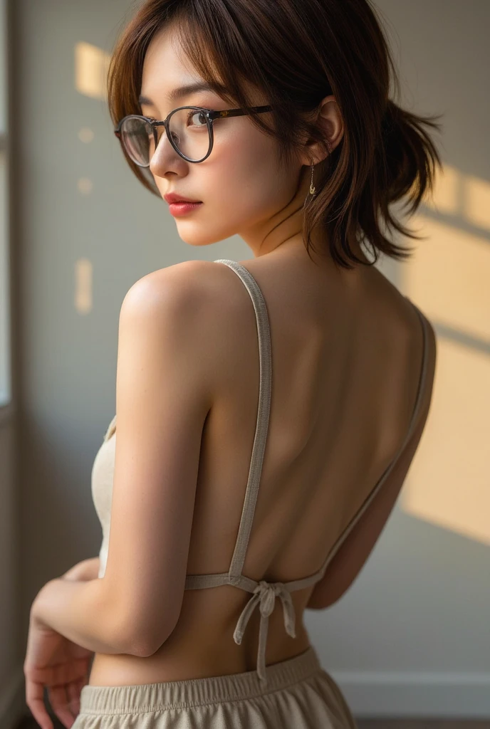 Dark brown hair, light brown eyes, adult woman, face about 40 years old, (complex details: 1.2), (highest quality: 1.4), (ultra high definition: 1.2), ultra high resolution, (detailed eyes), (detailed facial features), HDR, 8k resolution, indoors, thin sheer underwear, moderately sized breasts, thin sheer bra, thin sheer bikini shorts, open crotch, knees smooth, ponytail, short hair, short hair, wearing rimless glasses, buttocks, sideways, back, oblique back, buttocks sticking out, upper body tilted forward,