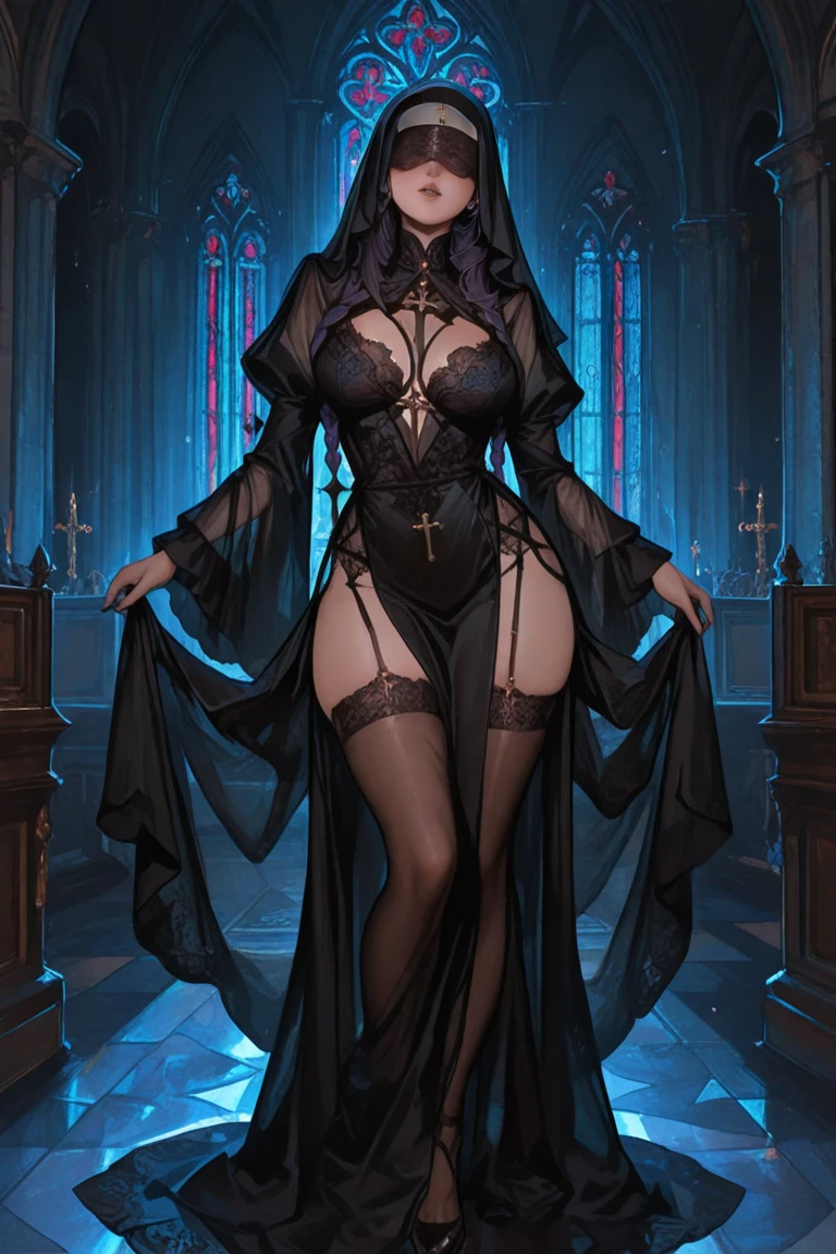 A sexy nun with seductive eyes and pouty lips, wearing a revealing black lace gown and high heels, gracefully poses in a dimly lit cathedral. Her long, wavy hair, framing her alluring face. The detailed folds of her gown create a sense of mystery and intrigue, while the soft candlelight casts a warm glow on her flawless skin. The artwork is a masterpiece of photorealistic beauty, captured with high-resolution precision and ultra-detailed rendering. The vibrant colors add depth and richness to the scene, with a touch of bokeh in the background, creating an ethereal atmosphere. The overall composition exudes sensuality and sophistication, making it a captivating portrait in the genre of erotic art. (subtle nudity:1.3)