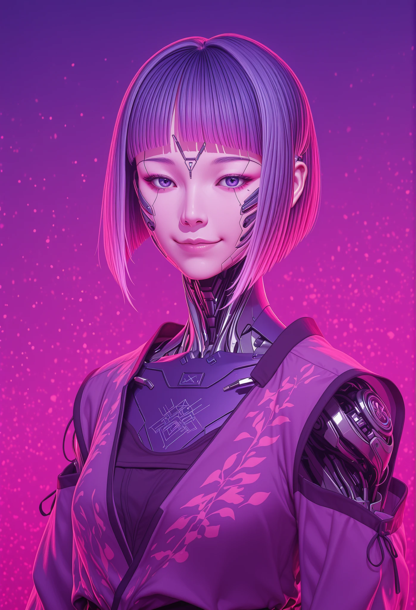 DOPE CYBERPUNK ANIME JAPAN ANDROID GIRL FEMALE V ON THE WHITE , FULL OF DETAILS, coisty smile, CHARISMATIC, INTELIGENT RED PINK PURPLE, REBEL, work of art, best qualityer, 8k, extremely detaild,anime styling