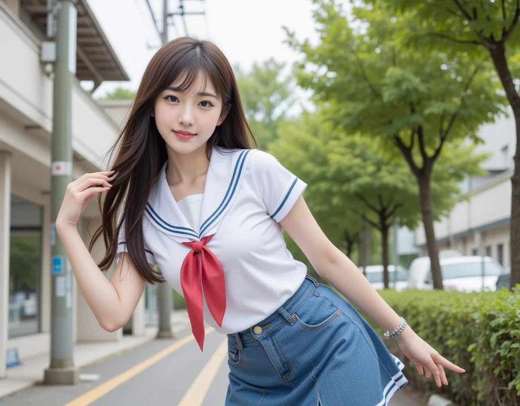 (8k),(masterpiece),(Japanese),(8-year-old girl),((Innocent look)),((Childish)),Front view,smile,cute,Innocent,Kind eyes,Plain T-shirt,Short sleeve,Blue checked short skirt,(Carrying a red backpack),semi-long,Hair blowing in the wind,Black Hair,Somewhat strong wind,noon,bright,Skirt Lift