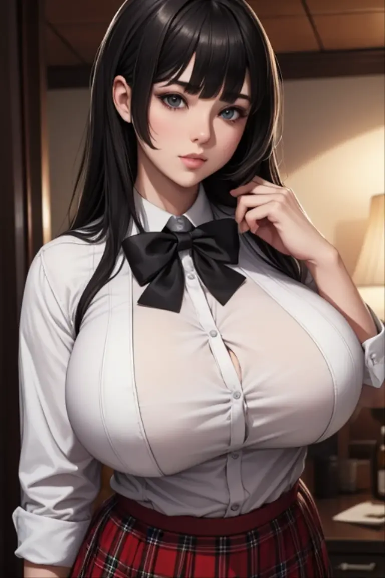 Highest quality, Mature Woman, Huge breasts, Huge Ass, Very curvaceous, High Ponytail, Iris, Fuller lips, Fascinating, Principal uniform, Black blazer, White button up, Pencil Skirt, Exposed cleavage, Lace red bra