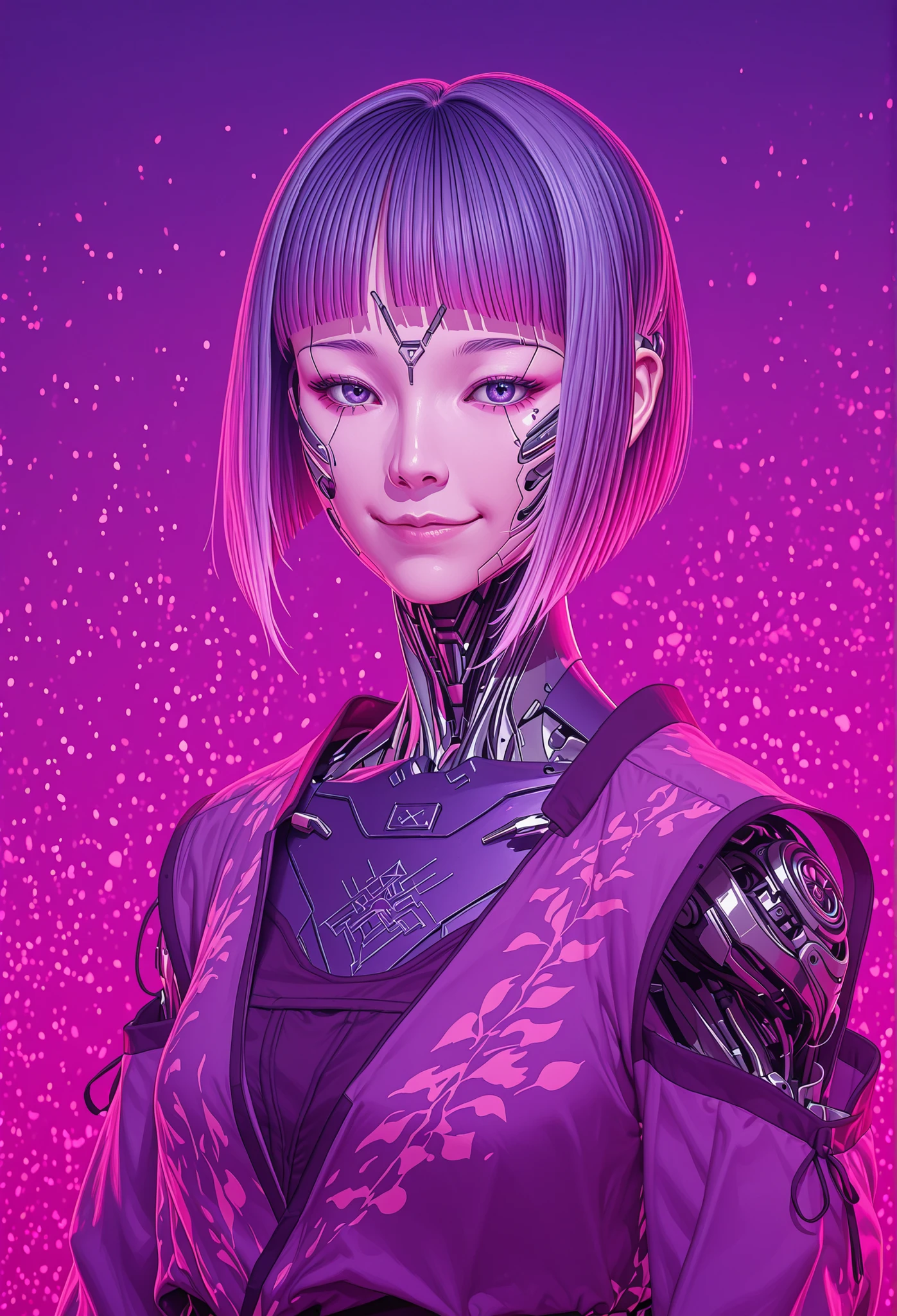 DOPE CYBERPUNK ANIME JAPAN ANDROID GIRL FEMALE V ON THE WHITE , FULL OF DETAILS, coisty smile, CHARISMATIC, INTELIGENT RED PINK PURPLE, REBEL, work of art, best qualityer, 8k, extremely detaild,anime styling