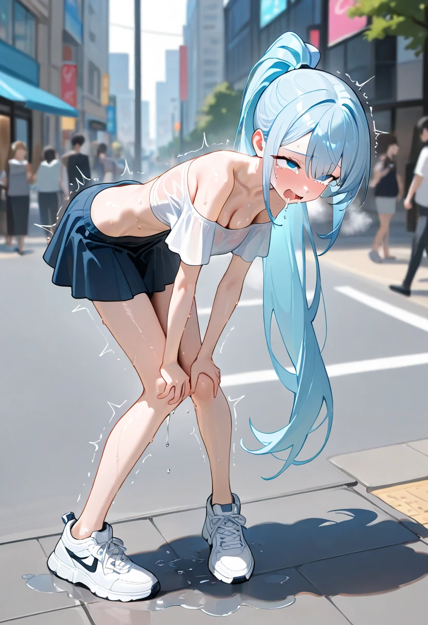 nsfw, (masterpiece, top quality, best quality, highly detailed:1.6), extremely detailed CG unity 8k wallpaper, strong facial expression, (sharp eye:1.2), (scowl:1.1), (embarrassed, blush:1.3), (steam:1.8), (wet:1.2), (sweat:1.1), (trembling:1.3), (open mouth, wavy mouth:1.4), (harf open eyes:1.5), (feeling weak:1.5), (shoot from front, looking at viewer:1.2), (leaning forward,close knees, hands between legs, pee running down legs:2), (((clutching crotch))), park, (woman, outdoor, Girl In Jean Shorts:1.4), ((light blue hotpants, Trim T-shirt)), sandasls, (long hair, brown hair, ponytail:1.5), (woman trembling with sexual climax:1.5), (at midnight), night, at dawn, colorful, full body, wide shot, perfect composition, urination, incontinence, piss, peeing self, A lot of pee, pee running down legs, (((pee stream))), (pee puddle), wetting herself, pee stain, peeing, blush, trembling, embarrassed, large breasts, Yellow pee, ((leaking pee)), Shaking one's shoulders, Breaking a sweat on forehead, puddle of pee, Pee at your feet, Pee spread on the floor, Pee stains, Dripping pee between my legs, Feet wet from pee, Pee-covered feet, Pee at your feet, want to pee, about to pee, Full bladder, Pee-soaked shorts, Pee-soaked sandasls, natural makeup,
