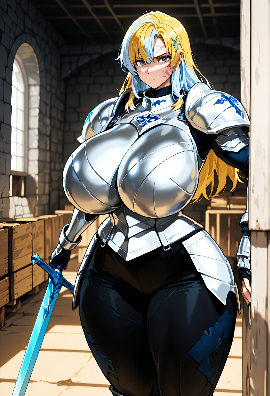 1girl, blonde hair, shoulder armor, large breasts, thick thighs, sword, pantyhose, blue eyes, long hair, blonde hair, armor, hourglass figure, bare legs, smile, gloves