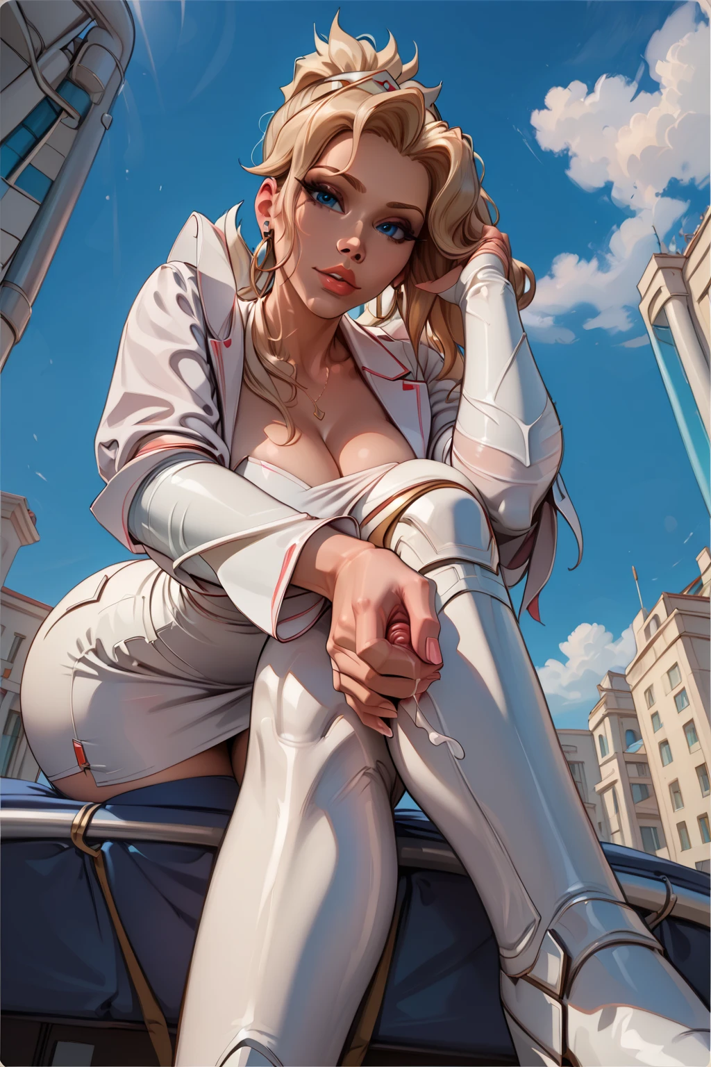 (obra-prima:1.2, Best quality at best), real, (fotos reais, Detalhes complicados, profundidade de campos), obra-prima, Best quality at best, Uma mulher sentada de pernas cruzadas em uma cadeira, pose atraente, 1 garota peituda, gwenstacy, cabelo loiro, asymmetrical hair, eOlhos azuis, hooded jumpsuit, piercings de sobrancelha, animation, sorria, sozinho, olhando para o visualizador, Plano de fundo da cidade de Nova York, relaxar, grosso, Pose casual, Pele clara e brilhante, Colossal , Crazy swelling in the breasts, Peito maior que as omoplatas, The waist is thin and the legs are thick, Modelo de fitness, Um sorriso, Bochechas coradas
